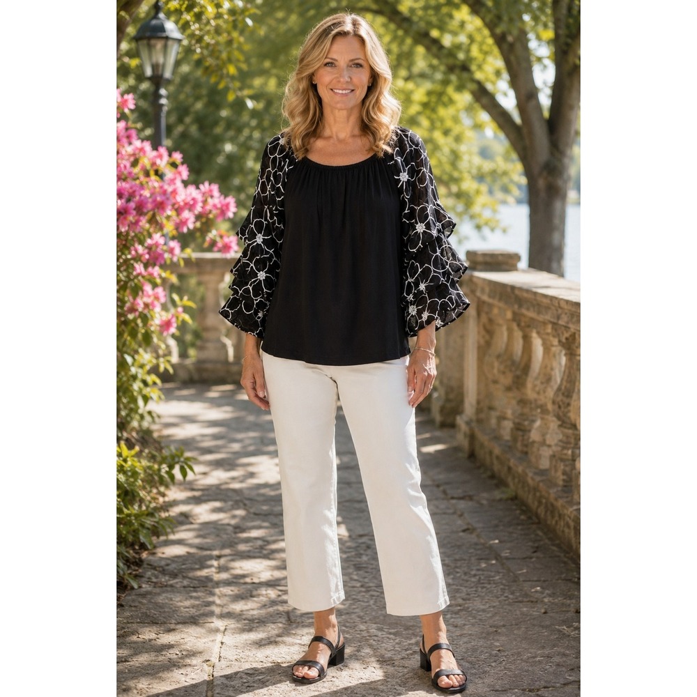 I.N.C. International Concepts Black Floral Sheer Bell Sleeve Boho Ruffle XL